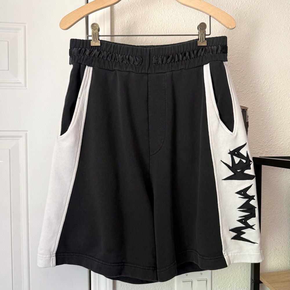 MAUNA KEA black white cotton terry logo‎ side striped pull athletic sweat shorts